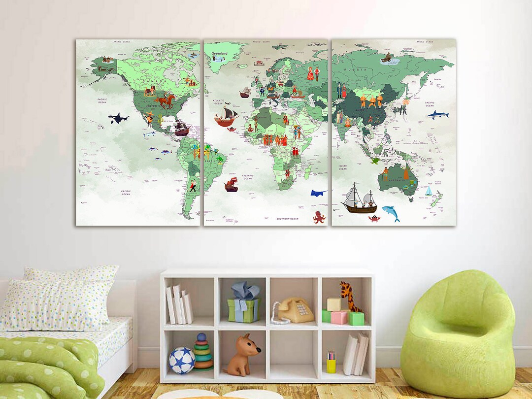 Kids World Map Canvas Animal Map of the World Art Animal World Map ...