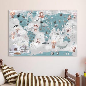 Dierenwereldkaart canvas kinderkamer print kinderkamer muur decor speelkamer dieren wereldkaart speelkamer wereldkaart muur decor groene kaart canvas voor kinderen