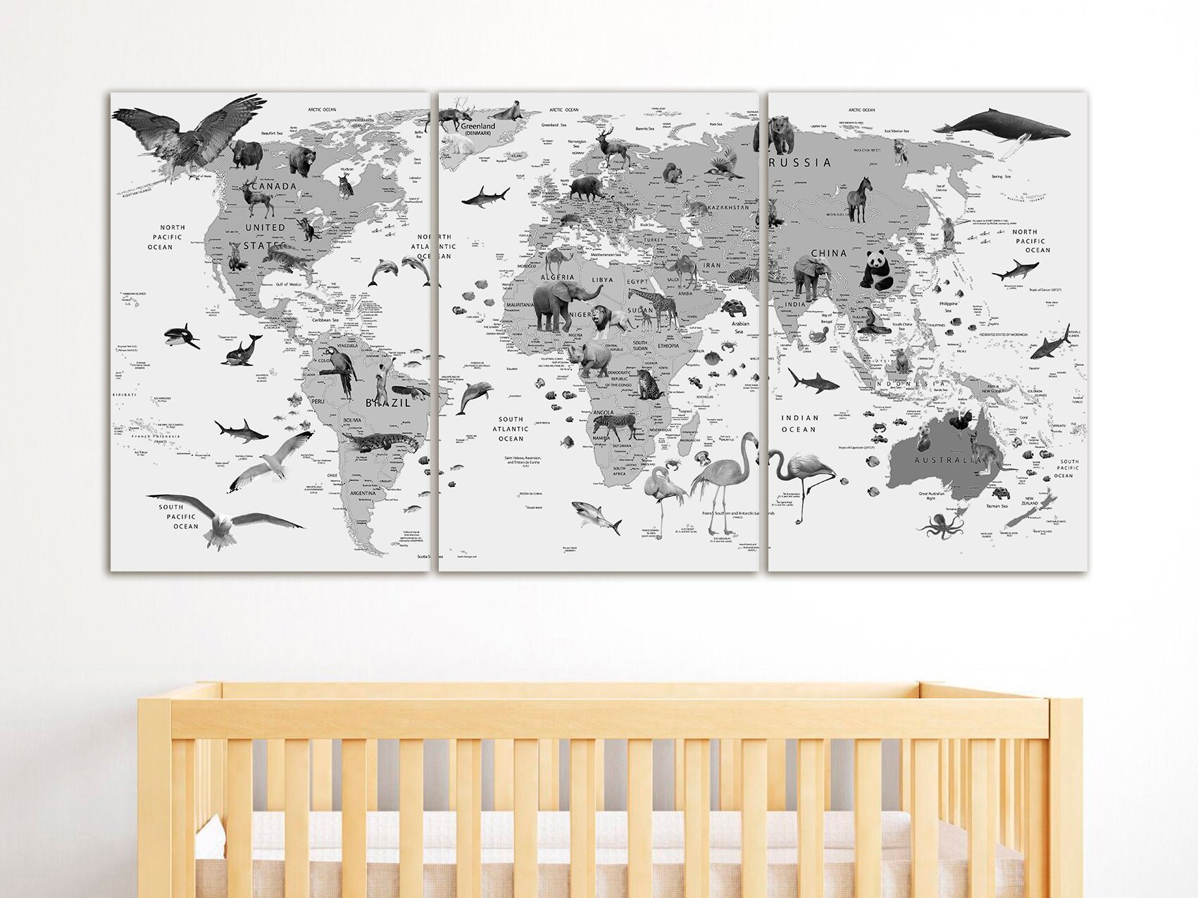 Kids World Map Canvas Animal World Map Decor Nursery World Map Art ...