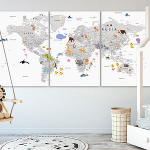 Kinder Weltkarte in SPANISCH Weltkarte Leinwand Mapa del mundo en español Tier Weltkarte Dekor Kinderzimmer Weltkarte Kontinent Kunst Große Weltkarte