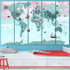 世界地図保育園 子供用世界地図キャンバス プレイルームマップ 男の子用保育園の装飾 政治世界地図 旅行用キャンバス 教育用印刷可能な世界地図