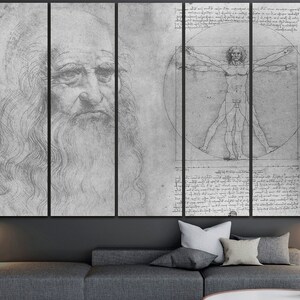 May include: A black and white multi-panel canvas print featuring a portrait of Leonardo da Vinci and a sketch of the Vitruvian Man.