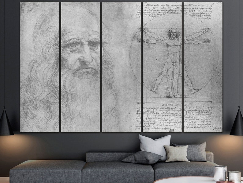 May include: A black and white multi-panel canvas print featuring a portrait of Leonardo da Vinci and a sketch of the Vitruvian Man.