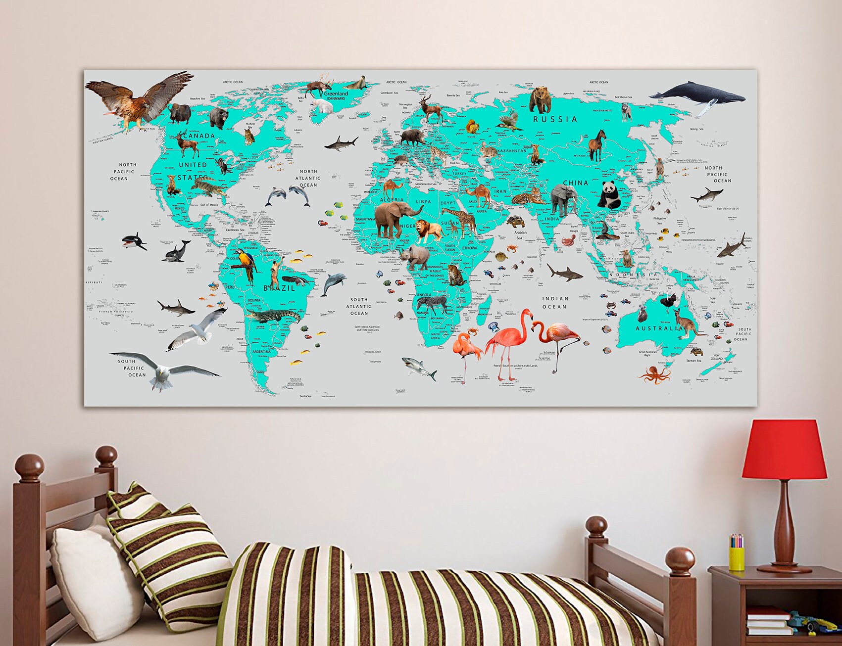 Kids World Map Canvas Animal World Map Decor Nursery World Map Art ...