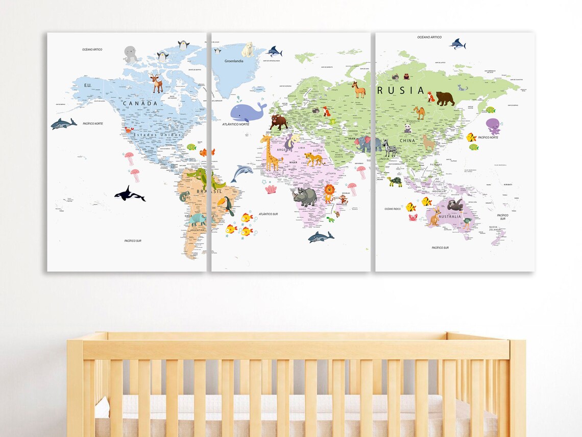 Kids World Map in SPANISH World Map Canvas Mapa Del Mundo En Etsy