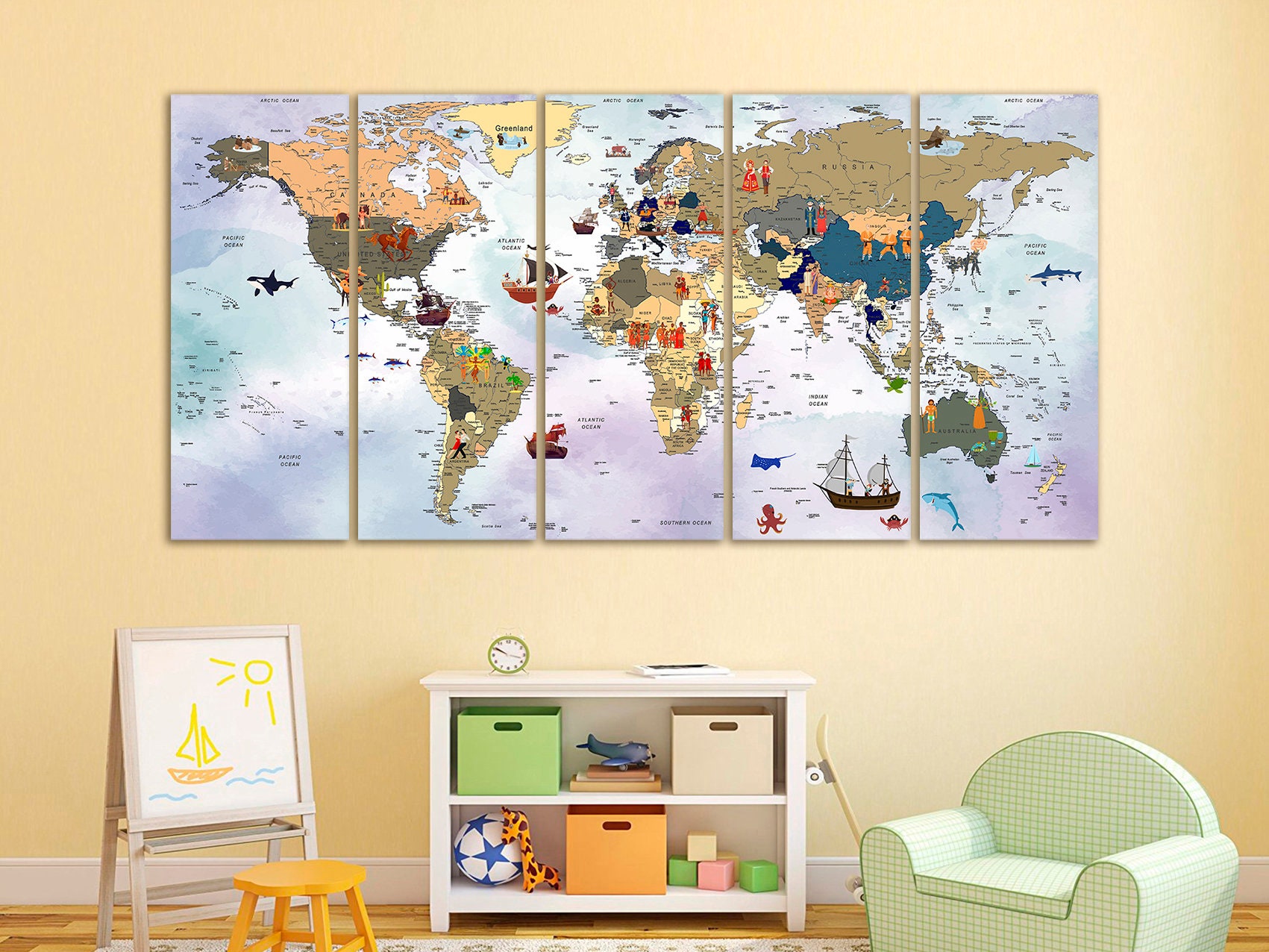 Colorful World Map Canvas Decor Kids Room Decor Nursery Wall Art Map of ...