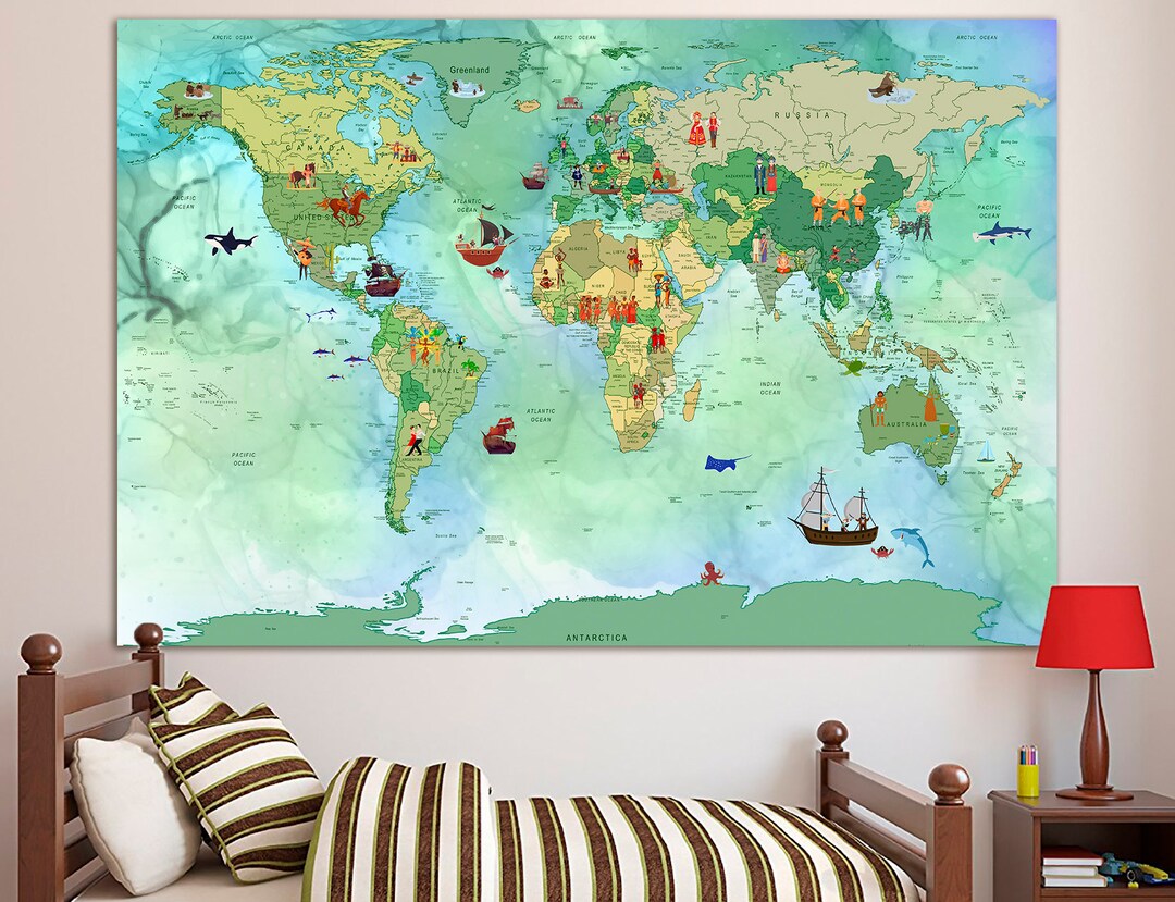 World Map Kids Canvas Playroom World Map Wall Decor Childrens Green Map ...
