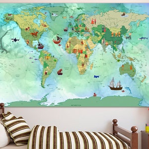 Wereldkaart Kindercanvas Speelkamerwereldkaart Wanddecoratie Groene kinderkaart canvas Kinderkamerdecoratie Volkeren en culturen kaartkunst Reiscanvas