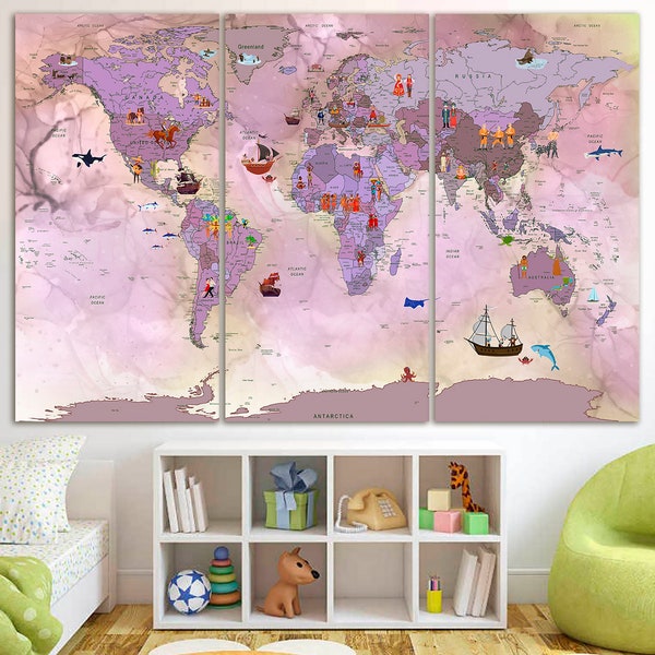 Pink kids world map Canvas Playroom world map Wall decor Childrens map canvas art Boys nursery decor Animal art Travel canvas world map