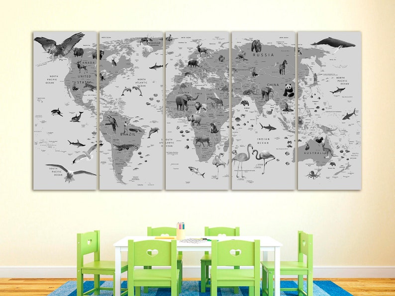 Kids World Map Canvas Animal World Map Decor Nursery World Map Art ...