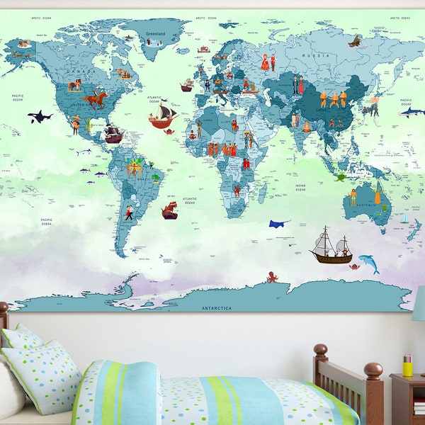 Kids World Map Canvas Wall decor Childrens map art Boys nursery decor Animal nursery print Playroom world map Travel canvas