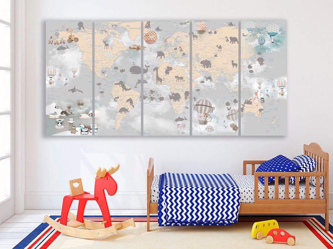 Kids World Map Canvas: Nursery Animals Decor, Travel Wall Art - Etsy