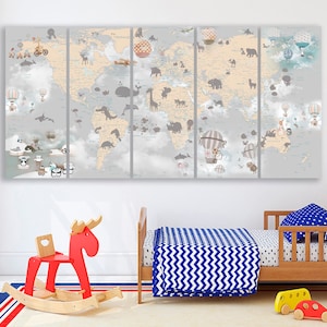 Диияче Пооintно Карвіу Карвіу Карttиnat Grau Kinder Weltkarte gerahmte Leinwand Kinderzimmer Tiere Dekor Extra große Weltkarte Geschenk Druck Reise Wand Kunst