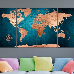 World map canvas Blue world map deco World map push pin Atlas print Continent art Travel canvas Large wall Large world map Bisiness gift