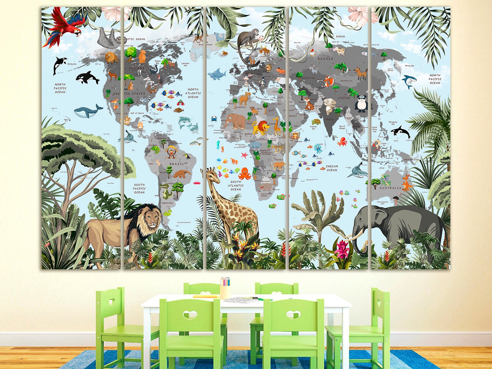 Nursery World Map Canvas Playroom Map Decor Kinderweltkarte Childrens ...