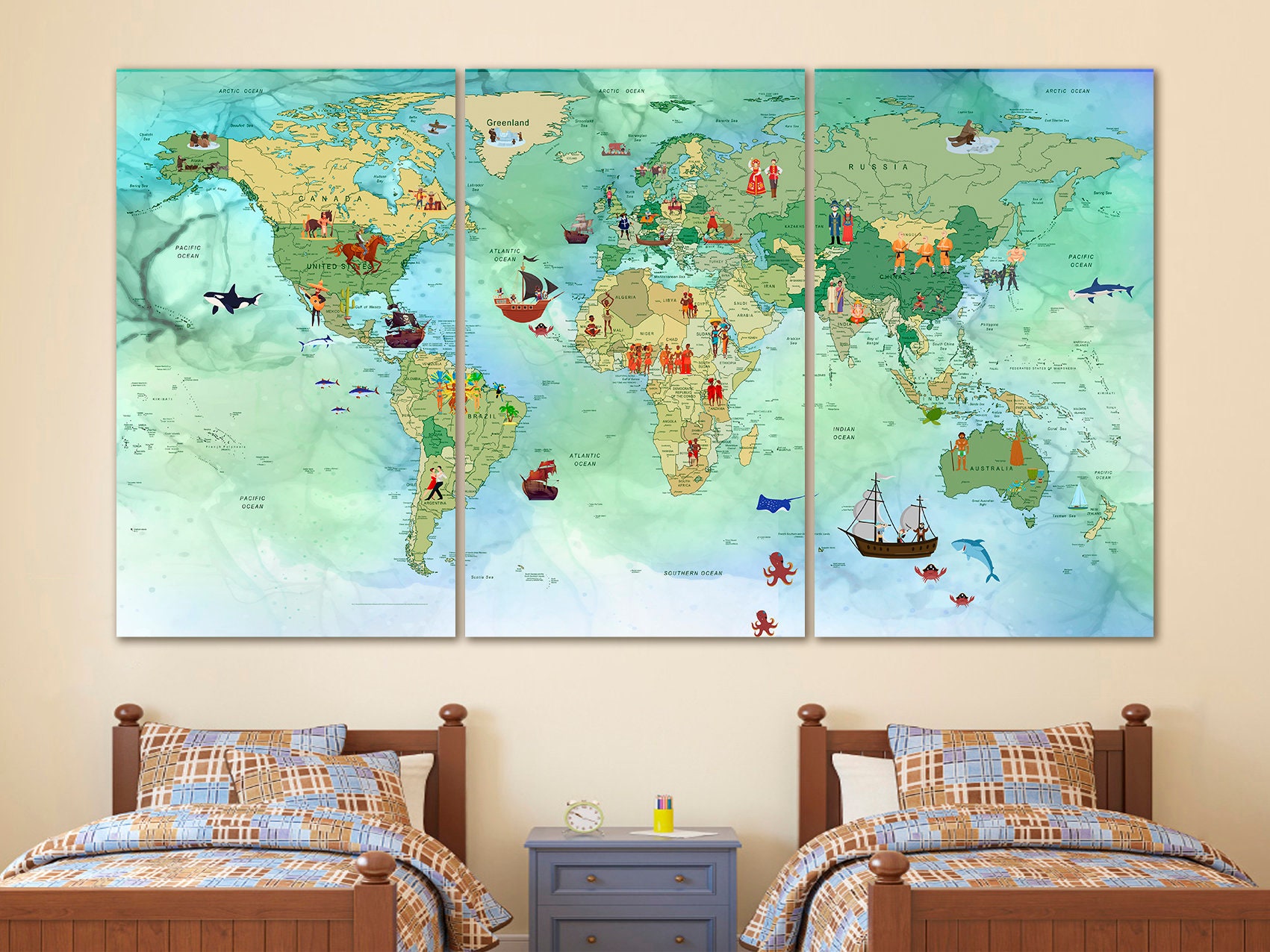 Canvas Kids Map Emerald Green Nursery World Map Kids Room Decor ...
