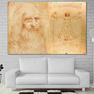May include: A vintage-style print of a drawing of a man's body in a circle and square, with text surrounding the image. The drawing is in shades of brown and beige.