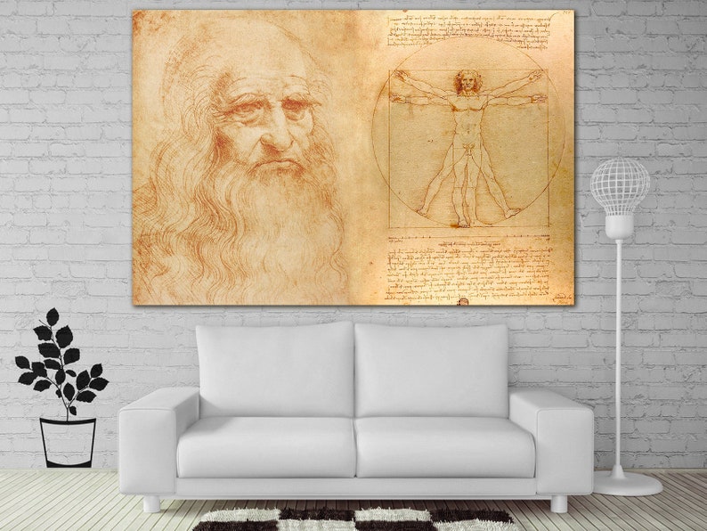 May include: A vintage-style print of a drawing of a man's body in a circle and square, with text surrounding the image. The drawing is in shades of brown and beige.
