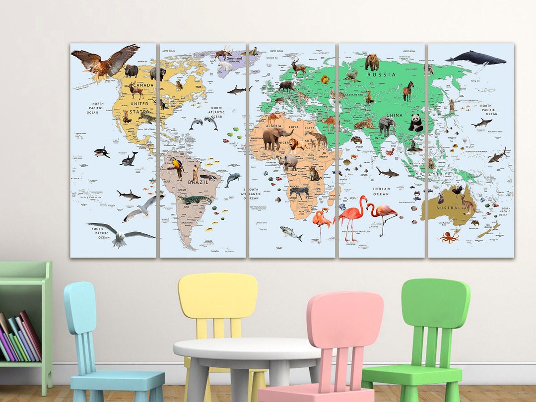 Kids World Map Canvas Animal World Map Decor Nursery World Map Art ...