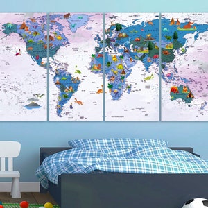 Kinder Weltkarte Leinwand Uralte Tiere Weltkarte Kinderzimmer Weltkarte Kunst Karte mit Dinosauriern Reise Leinwand Weltkarte Dekor Große Weltkarte
