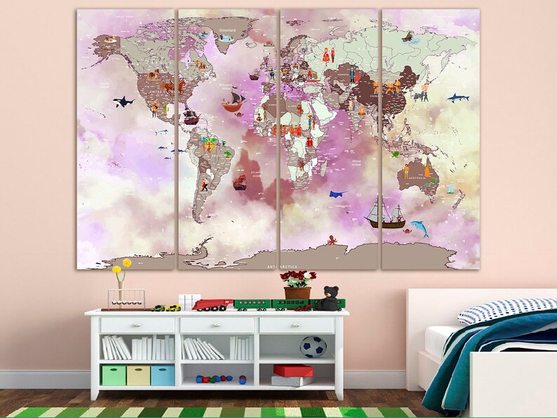 Educational World Map Kids Wall Art Childrens Map Canvas Boys - Etsy