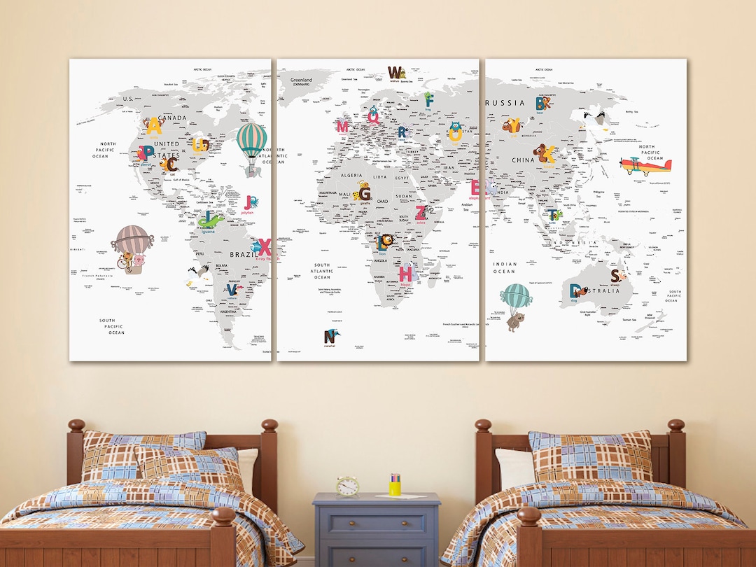 Nursery ABC Map Canvas Animal World Map Decor Nursery World Map Art ...