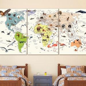 Kids World Map Canvas Animal World Map Decor Nursery World Map Art ...