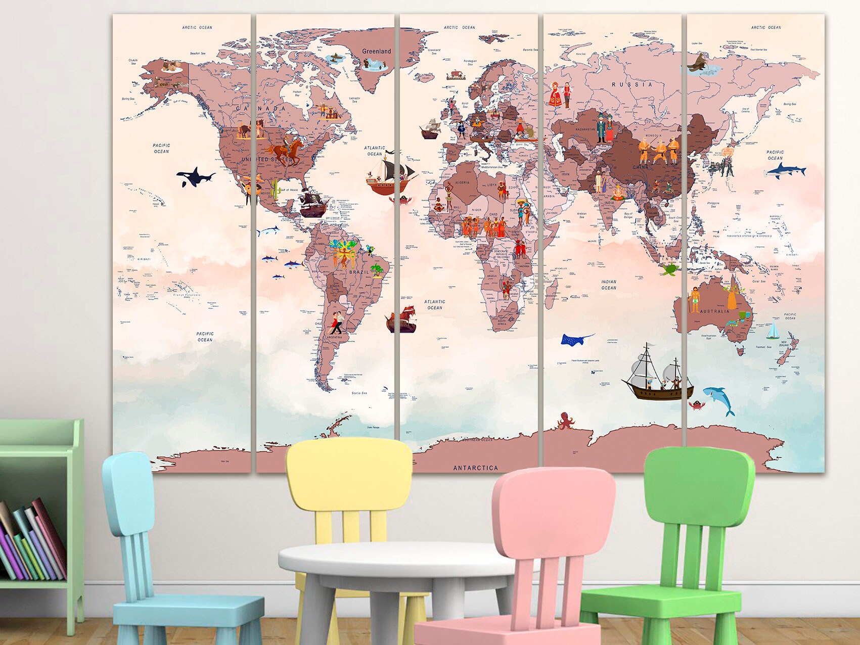 Kids World Map Canvas Nursery World Map Art Playroom World Map Wall ...