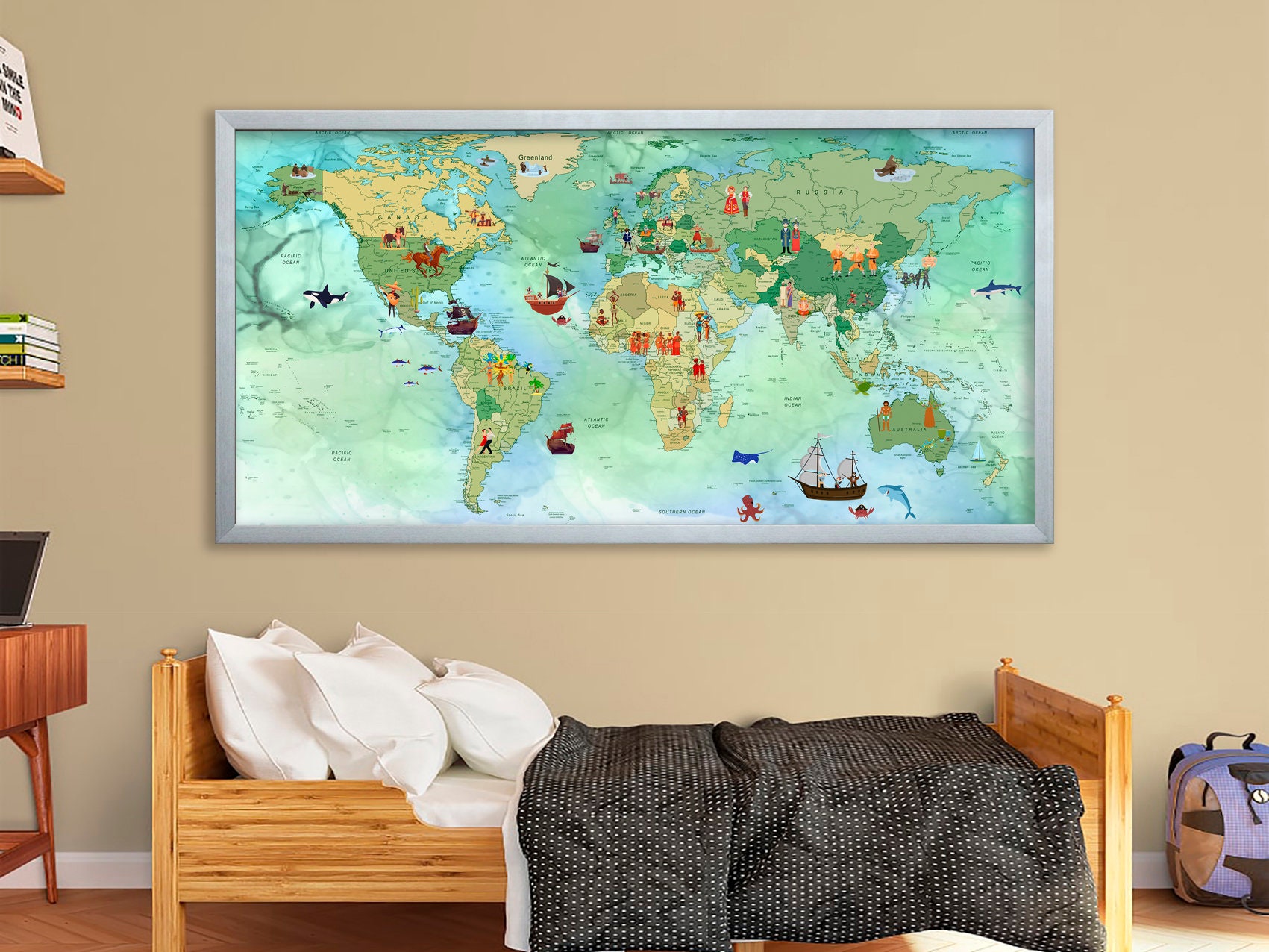 Canvas Kids Map Emerald Green Nursery World Map Kids Room Decor ...