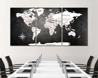 White and Black World map canvas world map deco World map push pin Atlas print Continent art Travel canvas Large world map Bisiness gift