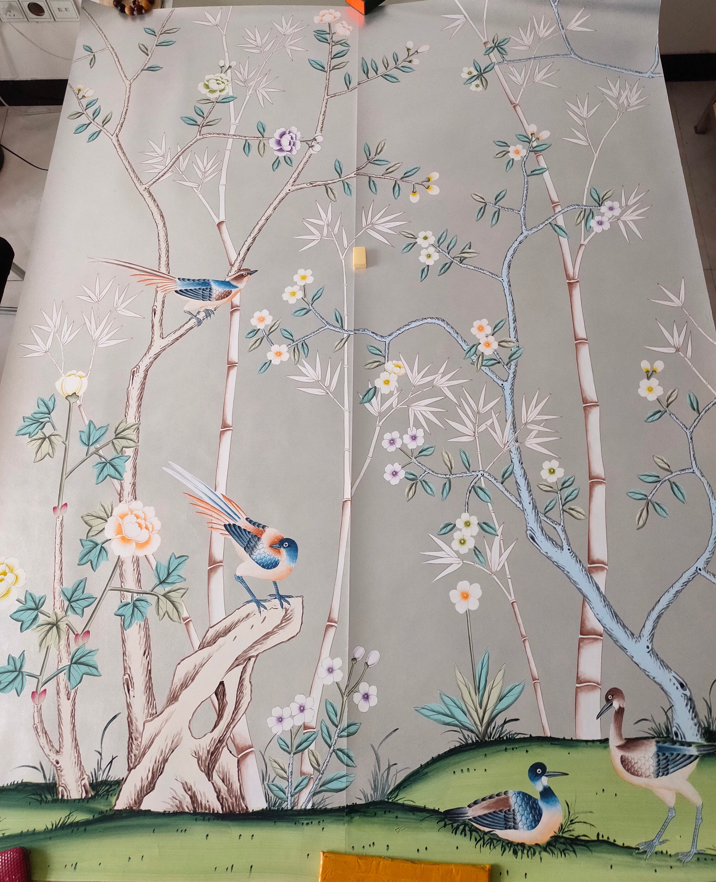 Hand painted chinoiserie wallpaper silver metallic gilded | Etsy