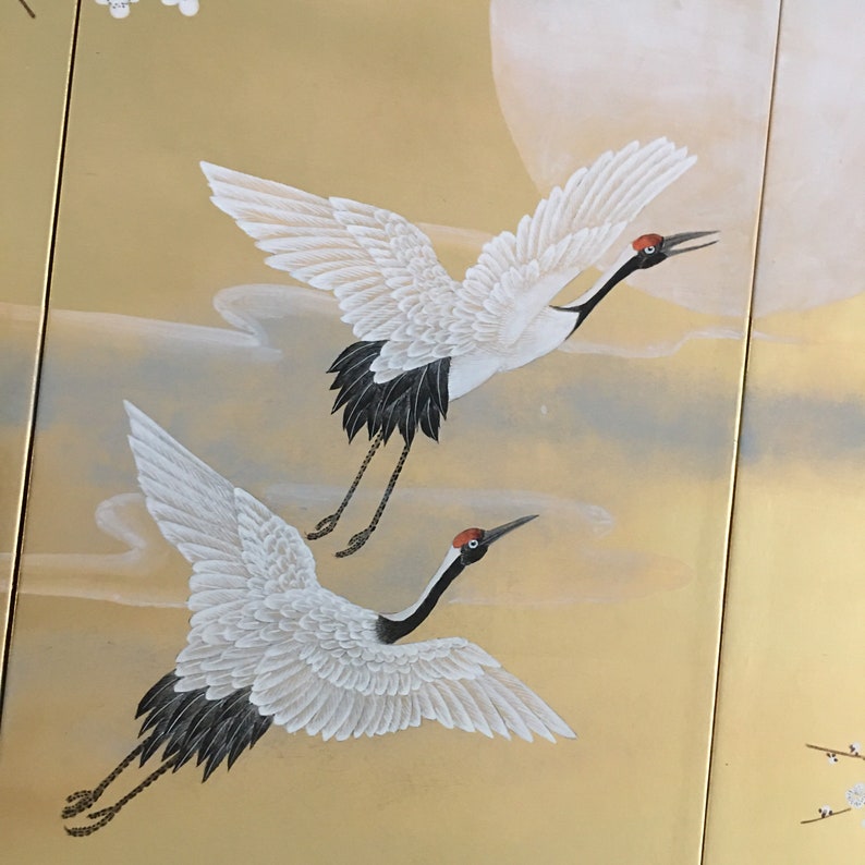 Cranes and blossom hand painted wallpaper on gold metallic Etsy