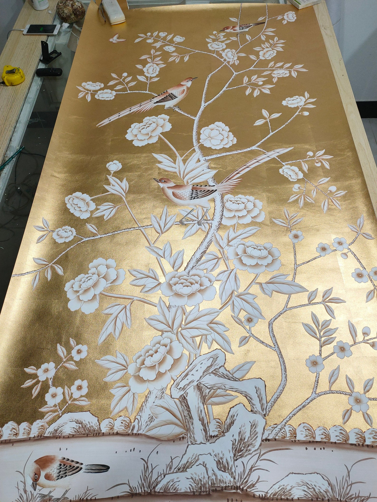Chinoiserie hand painted wallpaper gold gilded on silk hand Etsy
