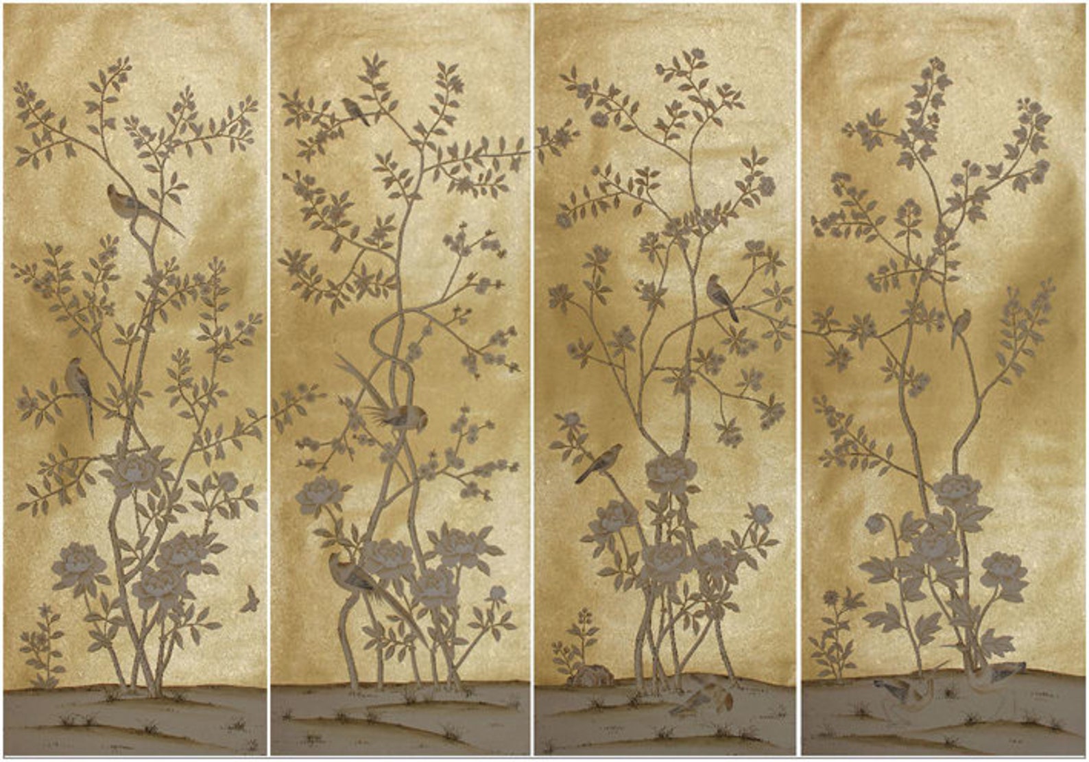 Chinoiserie handpainted wallpaper on gold metallic with Etsy