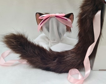 Diadema con orejas y lazo de gato marrón y cola, cosplay de Chocola