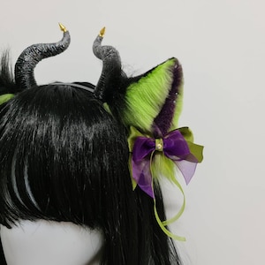 Maleficent Inspired Ears Headband w/ Swarovski, Green & Purple, Black Kawaii Demon, Glittery Horns, Carnival, Halloween Costume, Cosplay