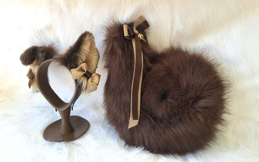 Brown Puppy Ears & Curled Tail Set – Fluffy Dog Costume Accessories With Beige Bows – Inspired by Pomeranian, Shiba Inu, Akita, Husky - Etsy