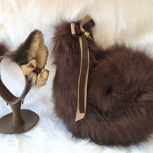 Brown Puppy Ears & Curled Tail Set – Fluffy Dog Costume Accessories with Beige Bows – Inspired by Pomeranian, Shiba Inu, Akita, Husky