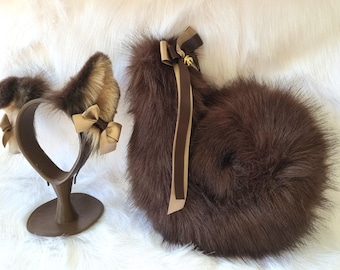 Brown Puppy Ears & Curled Tail Set – Fluffy Dog Costume Accessories with Beige Bows – Inspired by Pomeranian, Shiba Inu, Akita, Husky