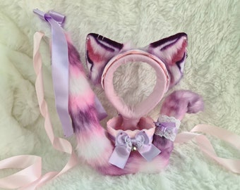 Striped Kitty Ears Headband with Swarovski, Tail and Collar Set, Baby Pink & Lavender, Kawaii Kitten, Pastel Sweet Lolita Headdress,Cheshire