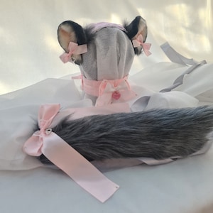 READY TO SHIP Adorable Frilly Rodent Ears, Tail and Collar Set in Baby Pink & White Kawaii, Gray Chinchilla, Ferret, Heart Pendant Choker