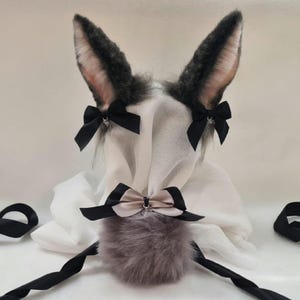 Gray Bunny Ears Headband and Tail with Swarovski Heart Pendant Bows, Judy Lop Bunny Rabbit Hopps Easter Costume, Kawaii