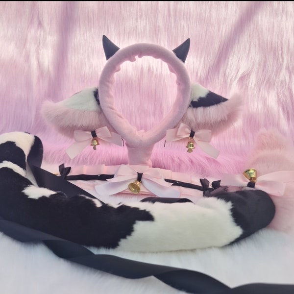 Spotted Cow Ears Headband w/ Magnetic Horns, Tail and Collar Set -Baby Pink, White & Black, Kawaii Bull,Harajuku Fashion,Pastel Sweet Lolita