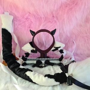Spotted Cow Ears Headband w/ Magnetic Horns, Tail and Collar Set -Baby Pink, White & Black, Kawaii Bull,Harajuku Fashion,Pastel Sweet Lolita