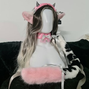 Spotted Cutie Cow Ears Headband w/ Horns, Tail and Collar Set - Pink, Silver, White & Black Kawaii Bull,Harajuku Fashion,Pastel Sweet Lolita