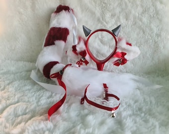 Mooshroom Cow Cosplay Set – Faux Fur Ears, Magnetic Horns, Tail and Choker – Red & White Kawaii Gamer Lolita Costume