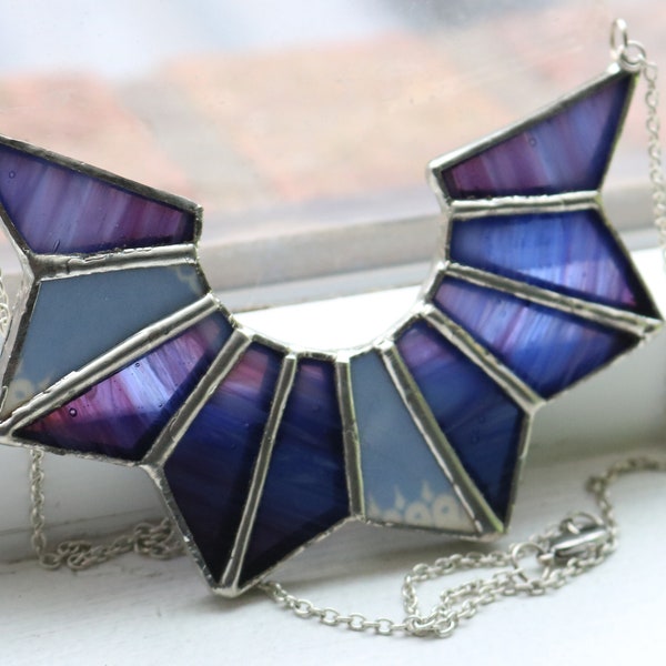 Handmade Stained Glass and Broken China Bib Necklace in Shades of Blue