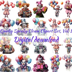 Imágenes prediseñadas de payaso peculiar con globos, descarga instantánea, proyectos de diseño de sublimación, uso comercial, PNG, arte de scrapbooking y collage