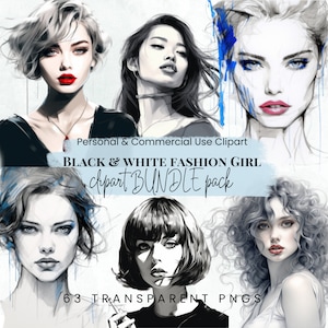 63 images Clipart noir blanc, clipart mode et glamour, mannequin filles, téléchargement numérique, clipart femmes, Style Chic élégant, PNG