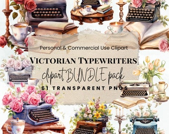 Victorian Typewriter Clipart | Floral Steampunk PNG Bundle (Digital Download)